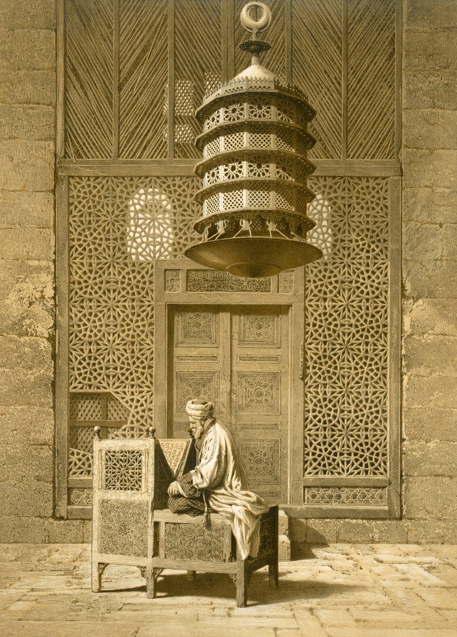 Cairo: Mesquita Funerária ou Sepuchral do Sultão Barquoq sentou Imam lendo o Alcorão, diante de uma tela perfurada do século XIV, do século XIX (impressão) de Emile Prisse d