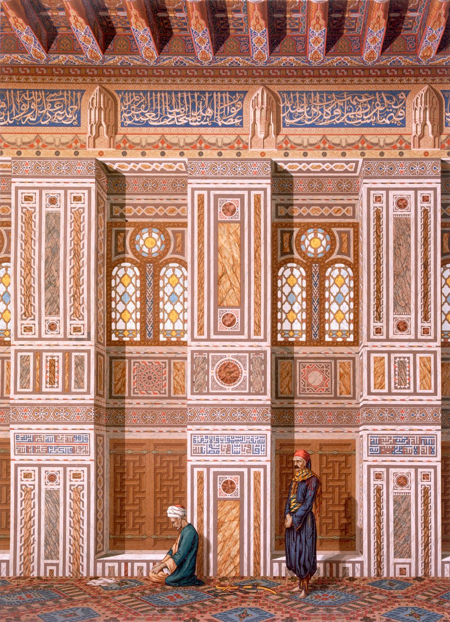 Cairo: Interior da mesquita de Qaitbay; adoradores rezam na parede lateral do Mihrab c15, século XIX (cromolito) de Emile Prisse d