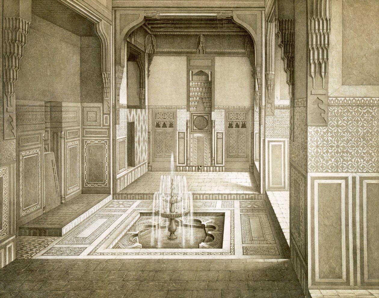 Cairo: Mandarah: sala de recepção, piso térreo, com piscina e fonte, do século 19 de Emile Prisse d