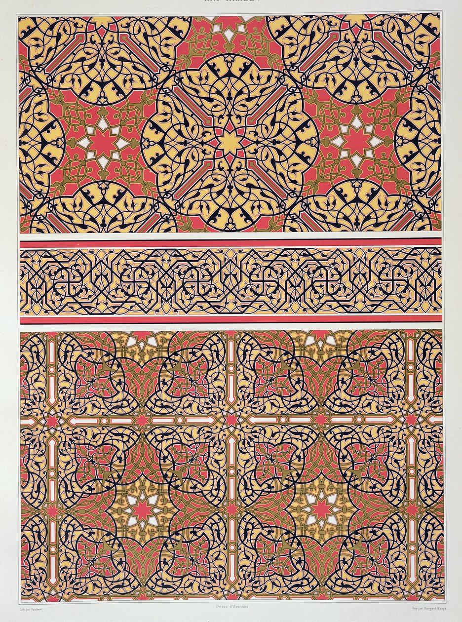 Arabescos de teto da Mesquita de El-Bordeyny, da "arte árabe vista pelos monumentos do Cairo do século VII ao final do século XVIII", gravada por Painleve, publicada em 1877 (col. de Emile Prisse d