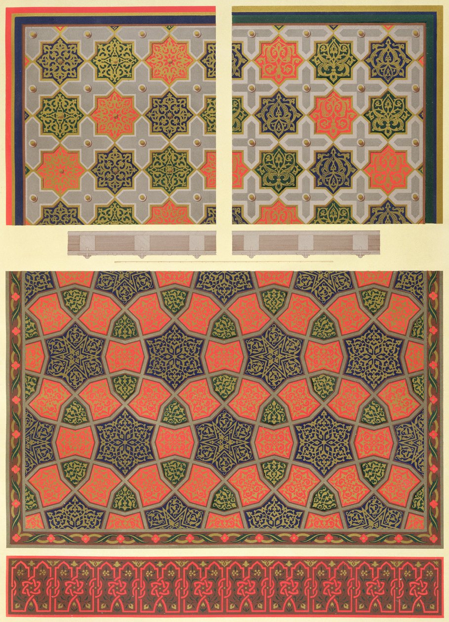 Decoração de teto da casa de Beyt El-Tcheleby, da "arte árabe vista pelos monumentos do Cairo do século VII ao final do século XVIII", gravada por Lemoine e Schmidt, publ de Emile Prisse d