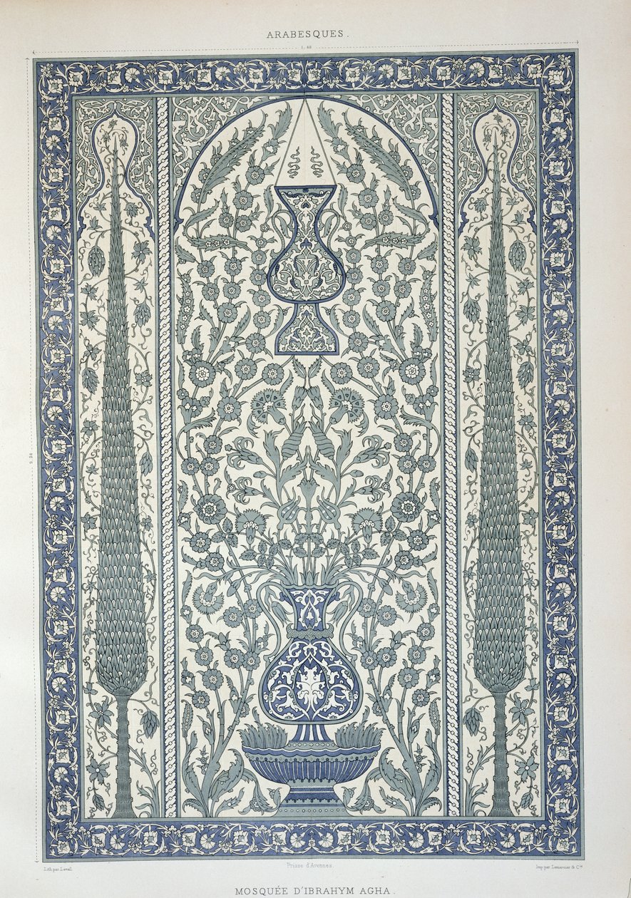 Desenho da mesquita de Ibrahym Agha, da "arte árabe vista pelos monumentos do Cairo desde o século VII até o final do século XVIII", gravada por Marchand, publicada em 1877 de Emile Prisse d