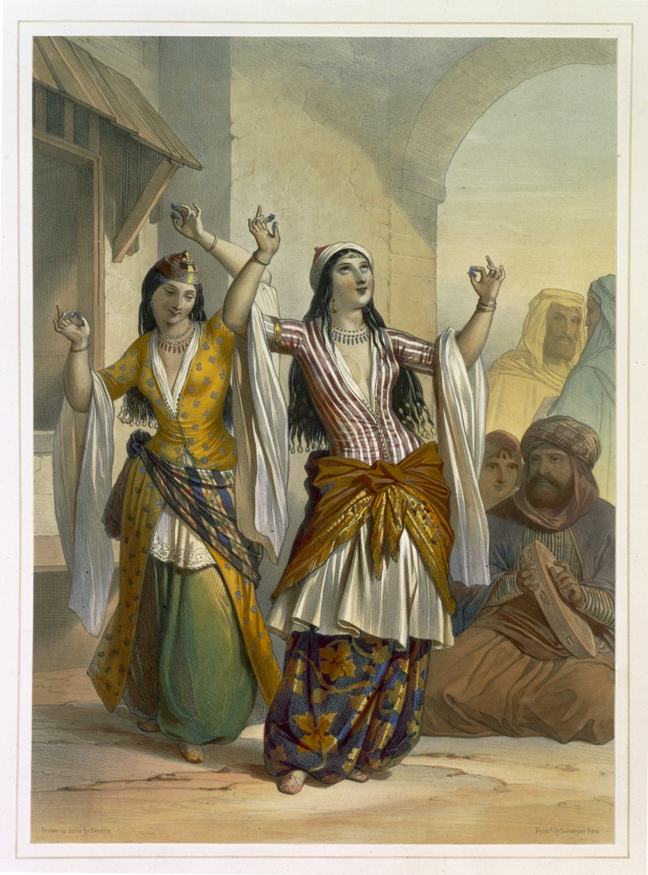 Meninas de dança egípcias que executam o Ghawazi em Rosetta, ilustração "do vale do Nile", gravado pelo bar de Achille Deveria (1800-57). por Lemercier, 1848 de Emile Prisse d