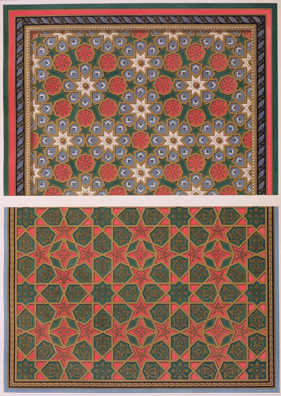 Exemplos de decorações no teto, de "Arte árabe vista pelos monumentos do Cairo desde o século VII até o final do século XVIII", gravada por Daumont, publicada em 1877 de Emile Prisse d