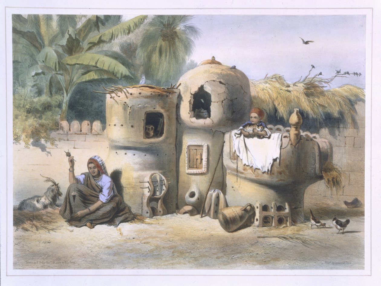 Moradias do camponês em Egipto superior, ilustração "do vale do Nile", gravado pelo bar de Eugene Le Roux (1807-63). por Lemercier, 1848 de Emile Prisse d