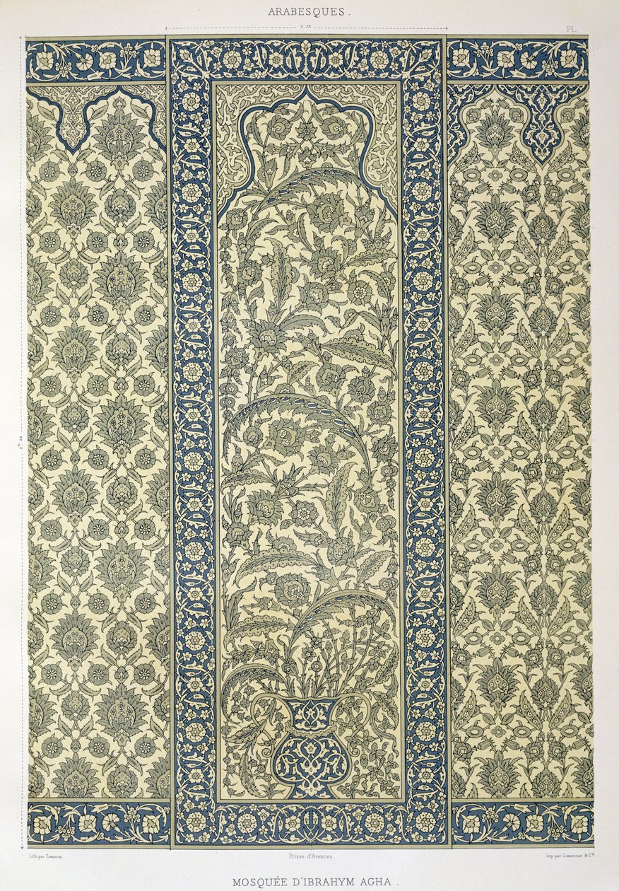 Painel de azulejos da mesquita de Ibrahym Agha, de "Arte árabe vista pelos monumentos do Cairo do século VII ao final do século XVIII", gravada por Lemoine, publicada em 1877 de Emile Prisse d
