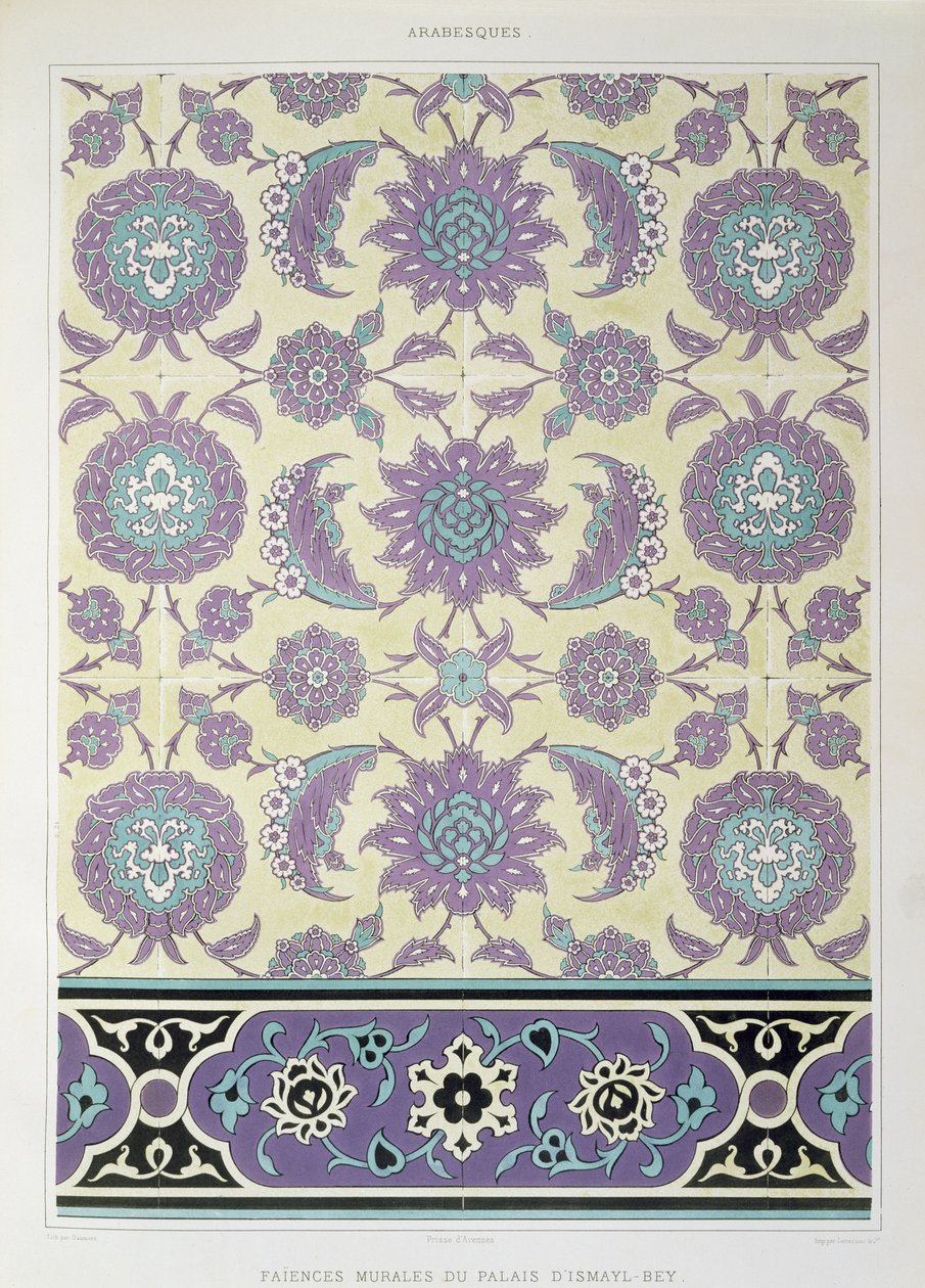 Azulejos do Palácio de Ismayl-Bey, de "Arte árabe vista pelos monumentos do Cairo do século VII ao final do século XVIII", gravada por Daumont, publicada em 1877 de Emile Prisse d