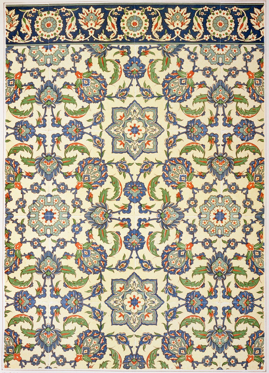 Azulejos de Qasr Rodouan, de "Arte árabe vista pelos monumentos do Cairo do século VII ao final do século XVIII", gravada por Marchand, publicada em 1877 de Emile Prisse d