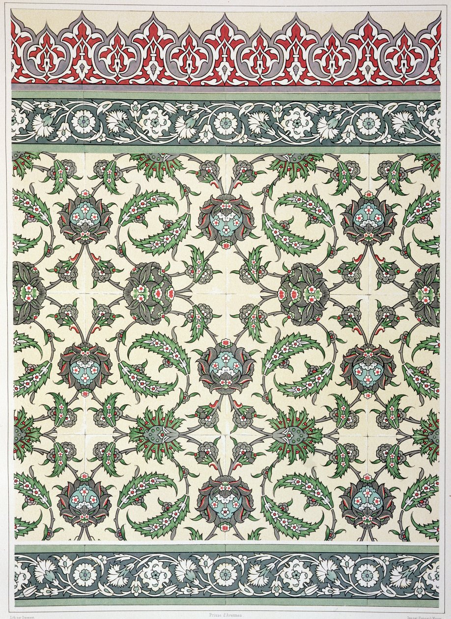 Azulejos da Mesquita de Cheykhoun, da "arte árabe vista pelos monumentos do Cairo desde o século VII até o final do século XVIII", gravada por Daumont, publicada em 1877 de Emile Prisse d