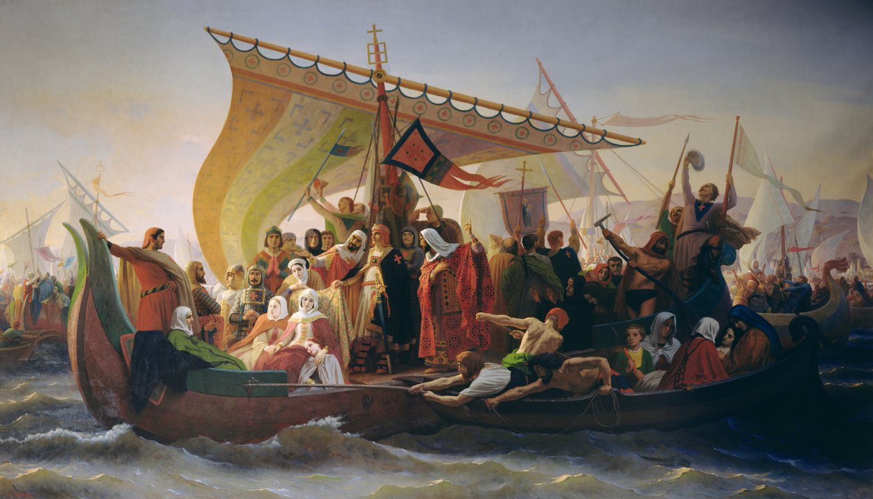 A travessia do Bósforo por Godfrey de Bouillon (c.1060-1100) e seu irmão, Baldwin, em 1097, 1854 de Emile Signol