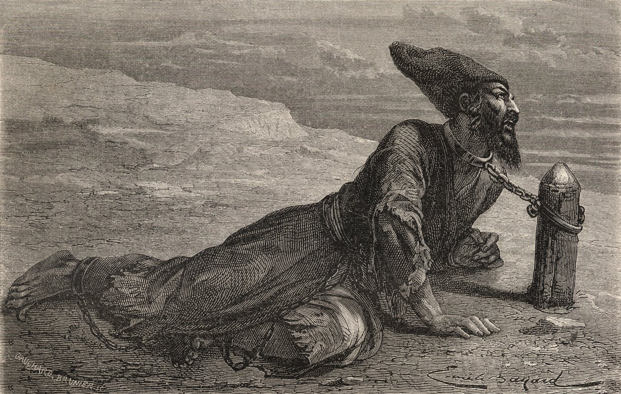 Um escravo persa mantido em cativeiro na Turquia, ilustração de "O Mundo nas Mãos", gravura de Gauchard-Brunier, publicada em 1878 (gravura) de Emile Antoine (after) Bayard