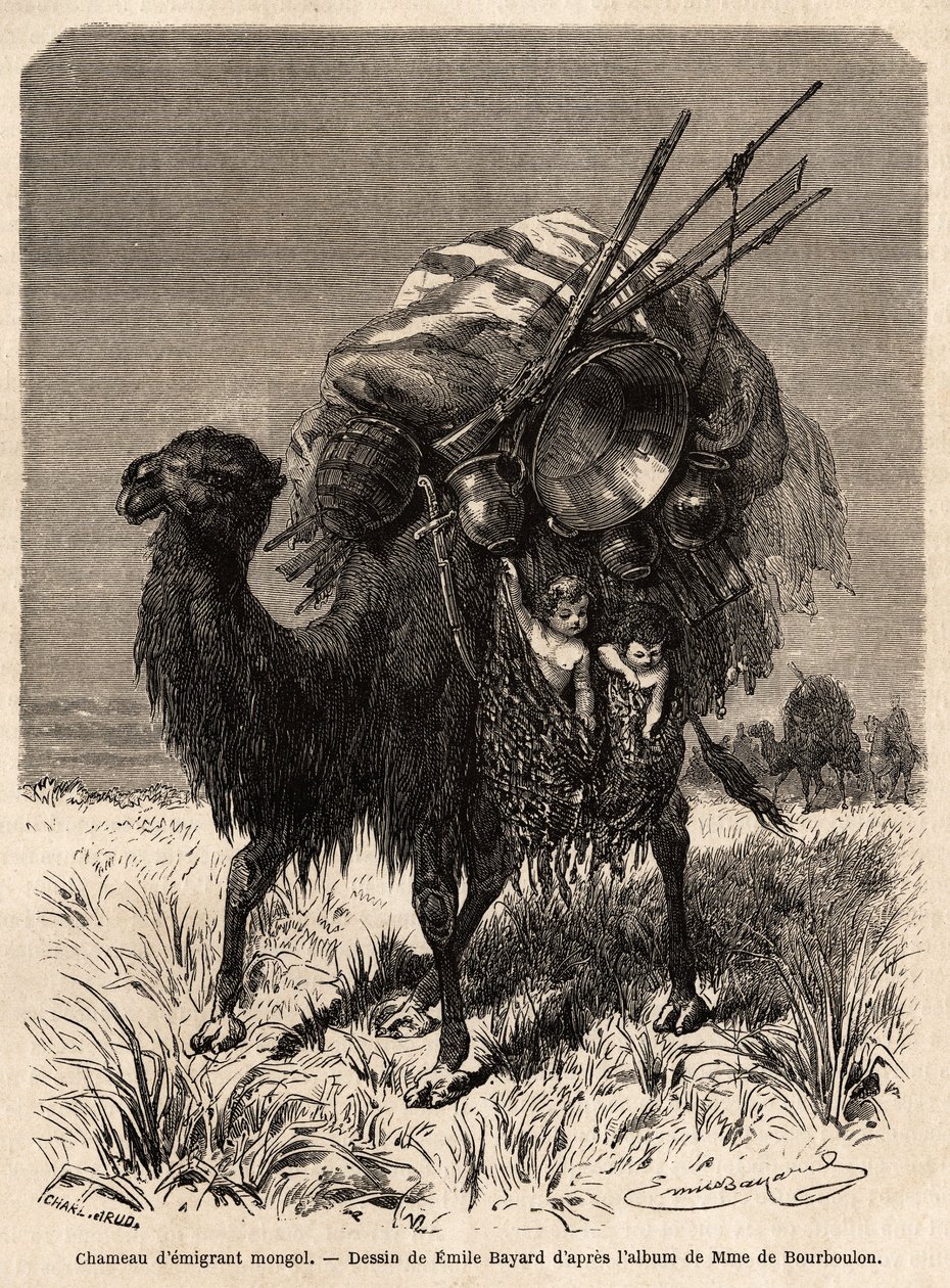 Um camelo emigrante mongol, carregando provisões, vários utensílios, tapetes, cobertores e madeira da armação da tenda, assim como crianças pequenas em cestos pendurados. Desenho de Emile Bayard (1837-1891), para ilustrar a viagem de Xangai a Moscou, a par de Emile Antoine Bayard