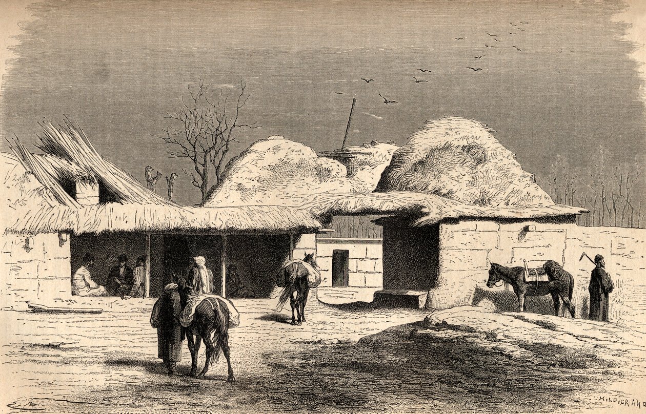 Um caravanserai em Tashkent, Uzbequistão, ilustração de &39;O mundo nas mãos&39;, gravado por Charles Laplante (d.1903), publicado em 1878 (gravação) de Emile Antoine Bayard