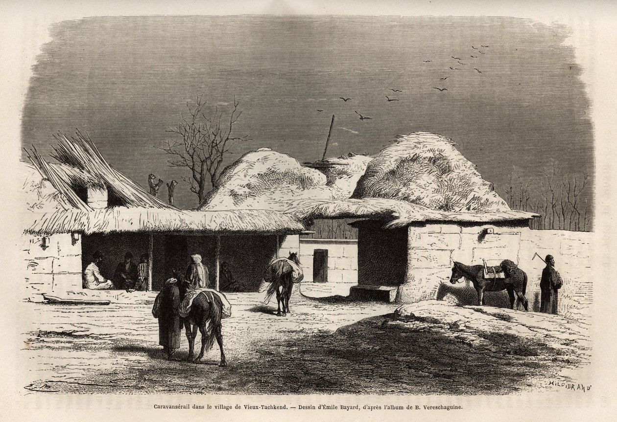 Uma caravanserail na aldeia de Old Tashkent (ou Tashkend), capital do Turquestão russo, gravada após um desenho de Emile Bayard, para ilustrar a viagem de Basile Vereschagin à Ásia Central em 1867-1868, publicada em "Le tour du monde" 1873, editada por E de Emile Antoine Bayard
