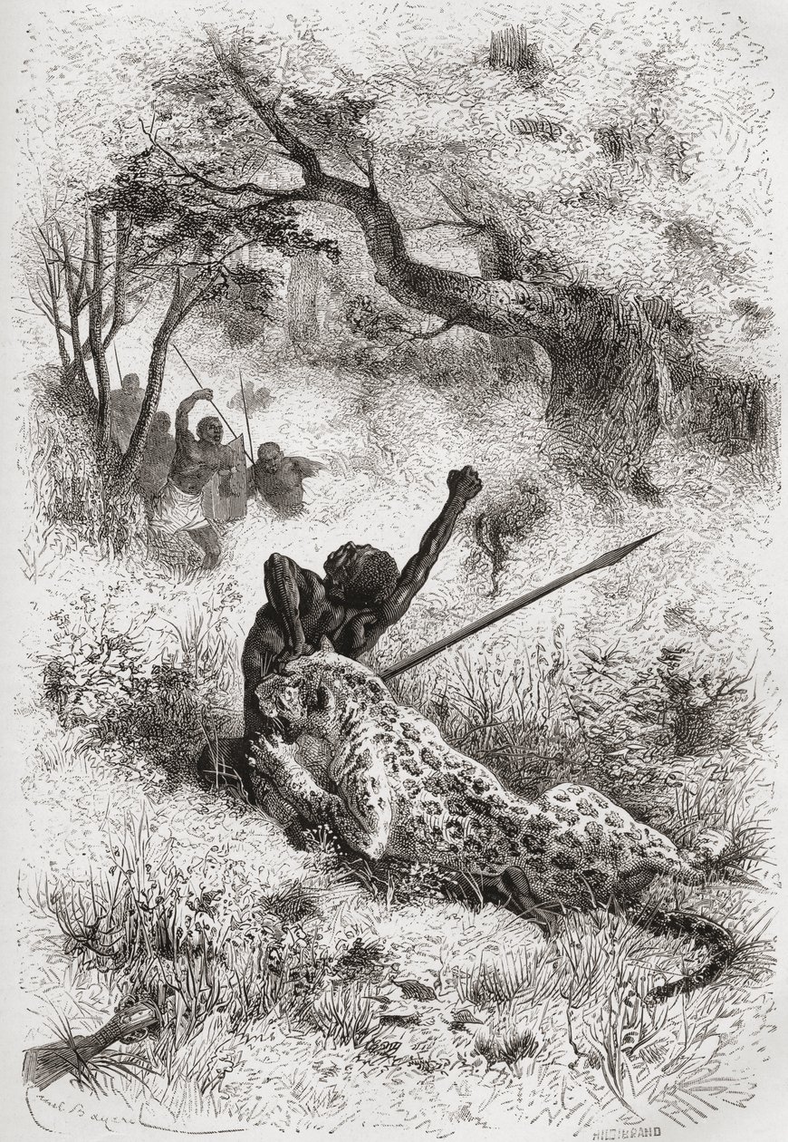 Um leopardo atacando um africano, ilustração de "O mundo nas mãos", gravado por Henri Theophile Hildibrand (1824-97), publicado em 1878 de Emile Antoine Bayard