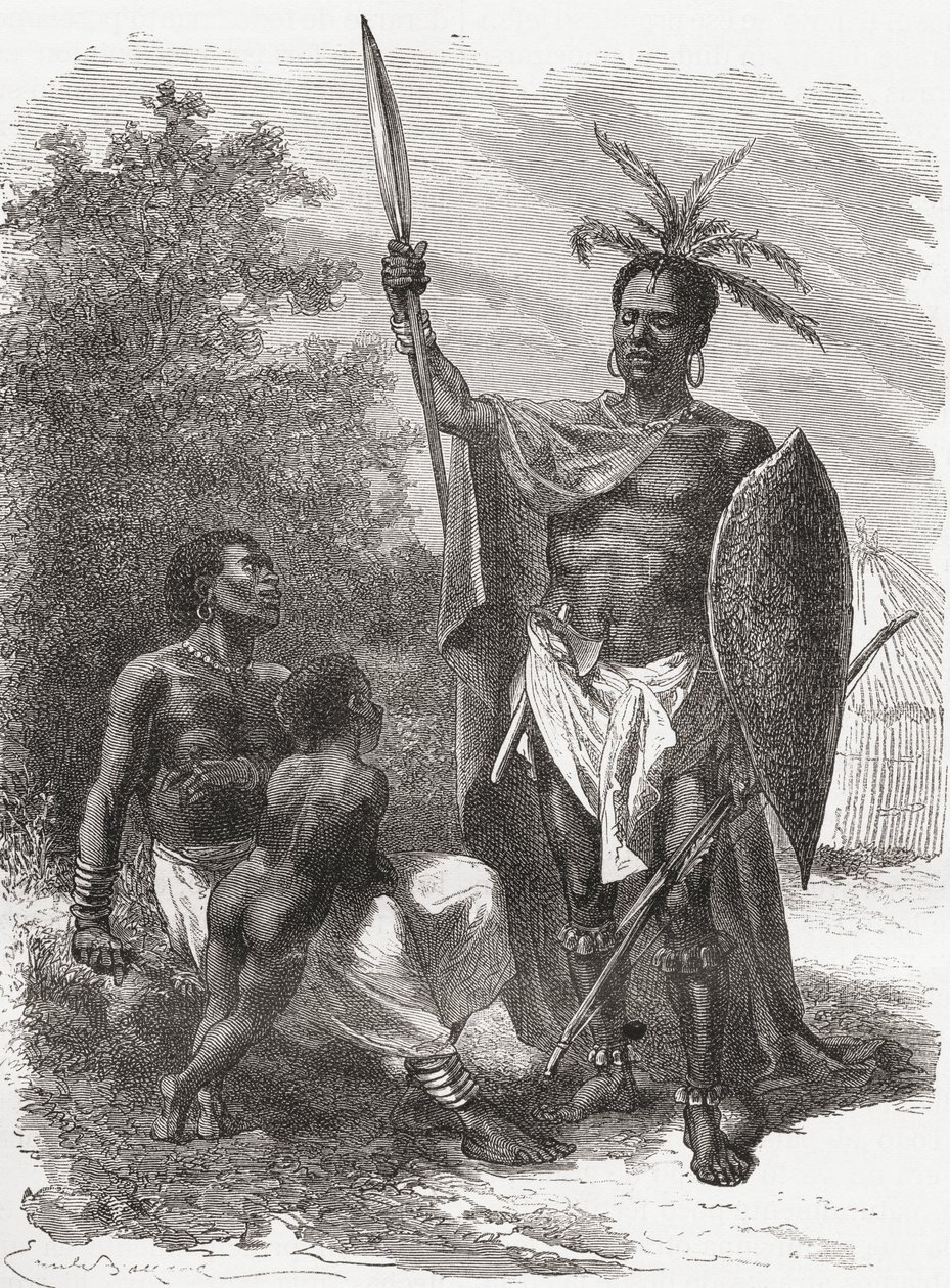 Um nativo de Ougogo, na África Central, em traje de guerra, ilustração de "O mundo nas mãos", publicado em 1878 de Emile Antoine Bayard