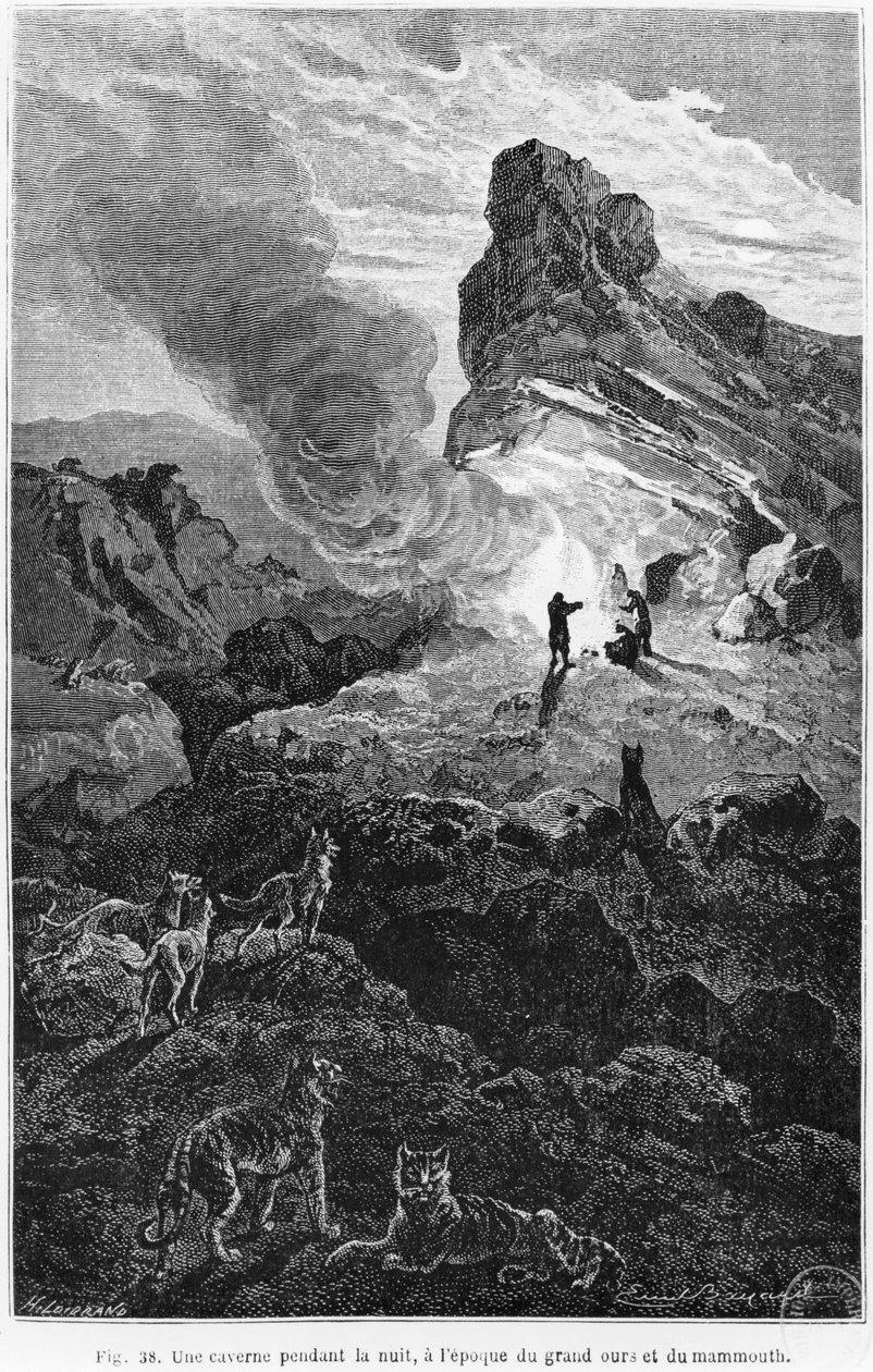 Uma caverna pré-histórica à noite, ilustração de "O Homem Primitivo", de Louis Figuier (1819-94), publicada em Hachette, 1870 de Emile Antoine Bayard