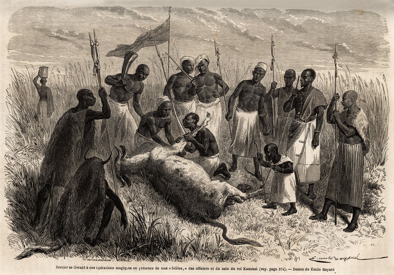 Um feiticeiro se envolve em operações mágicas sobre uma carne abatida em Uganda, desenhadas por Emile Bayard (1837-1891), ilustrando a viagem de descoberta do Capitão Speke na África de 1860 a 1863. Gravura em "Le tour du monde", editado por Edouard Charto de Emile Antoine Bayard