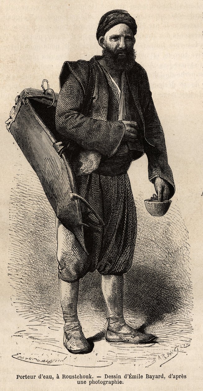 Um transportador de água, um comerciante itinerante posando com o seu equipamento, uma espécie de caixa de tanque e um recipiente usa como medida e copo, em Roustchouk (Roménia), gravando após o desenho de Emile Bayard, ilustrando a viagem à Bulgária, por  de Emile Antoine Bayard
