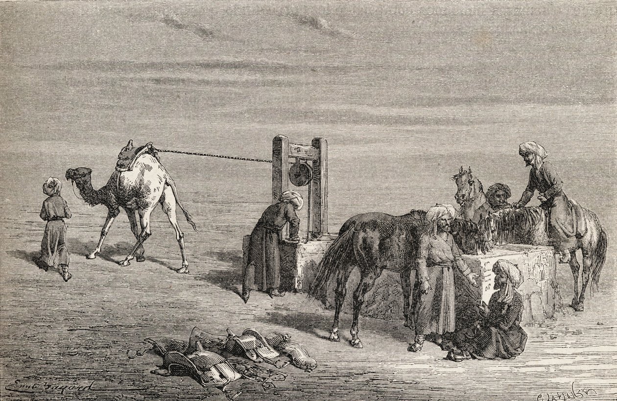Um poço no deserto entre Samarkand e Karshi, Uzbequistão, ilustração de "O mundo nas mãos", gravado por Charles Laplante (d.1903), publicado em 1878 de Emile Antoine Bayard