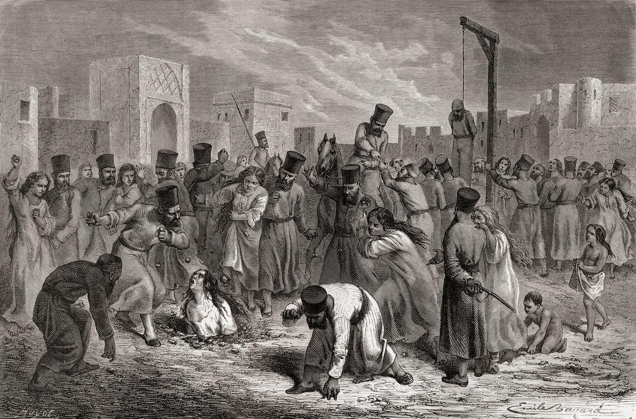 Adúlteros sendo apedrejados e pendurados na Turquia, ilustração de "O mundo nas mãos", gravada por Huyot, publicada em 1878 de Emile Antoine Bayard