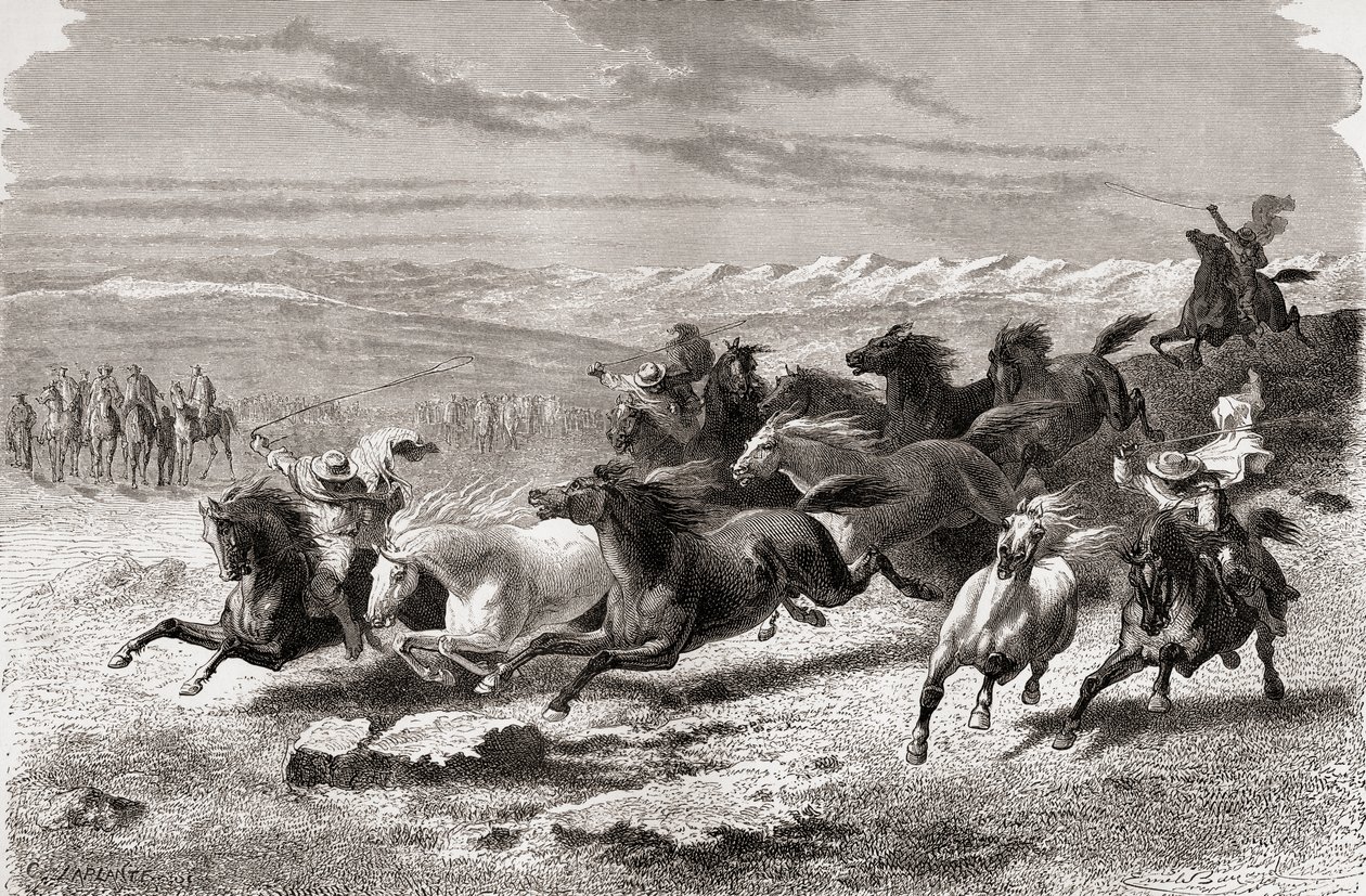 Gaúchos argentinos arrebanhando cavalos selvagens, ilustração de "O mundo nas mãos", gravada por Charles Laplante (d.1903), publicada em 1878 de Emile Antoine Bayard