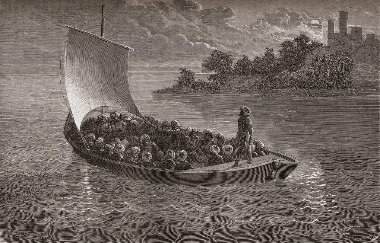 Arminio Vambery e seus companheiros navegando pelo mar Cáspio em 1863, ilustração de "O mundo nas mãos", gravada por Gauchard, publicada em 1878 de Emile Antoine Bayard