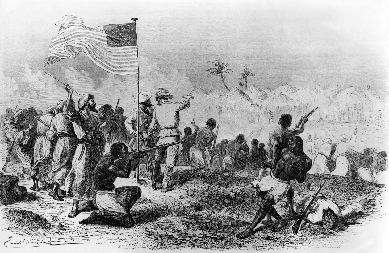 Ataque de Zimbiso em busca de Livingstone 1871-1872 (desenho) de Emile Antoine Bayard