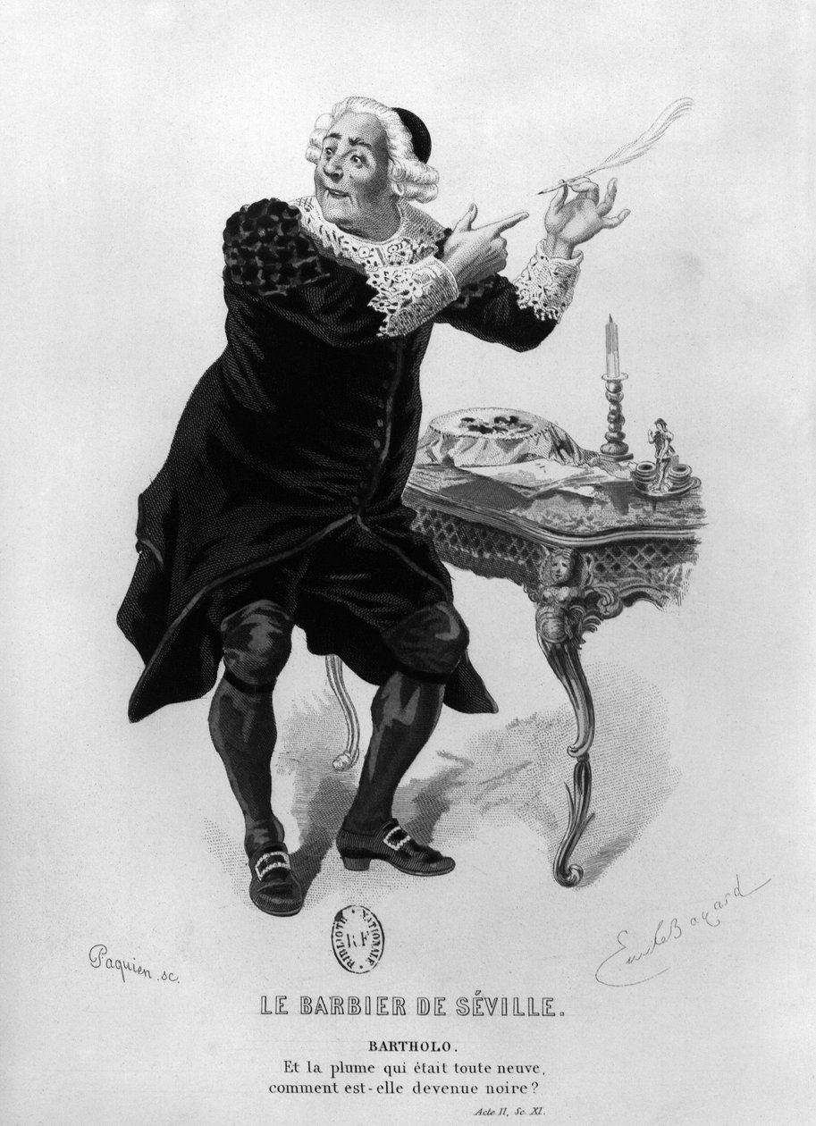 Bartholo, ilustração do Ato II Cena 11 de &39;O Barbeiro de Sevilha&39; de Pierre Agostinho Caron de Beaumarchais (1732-99) gravado por Jean Paquin (século XIX)) de Emile Antoine Bayard