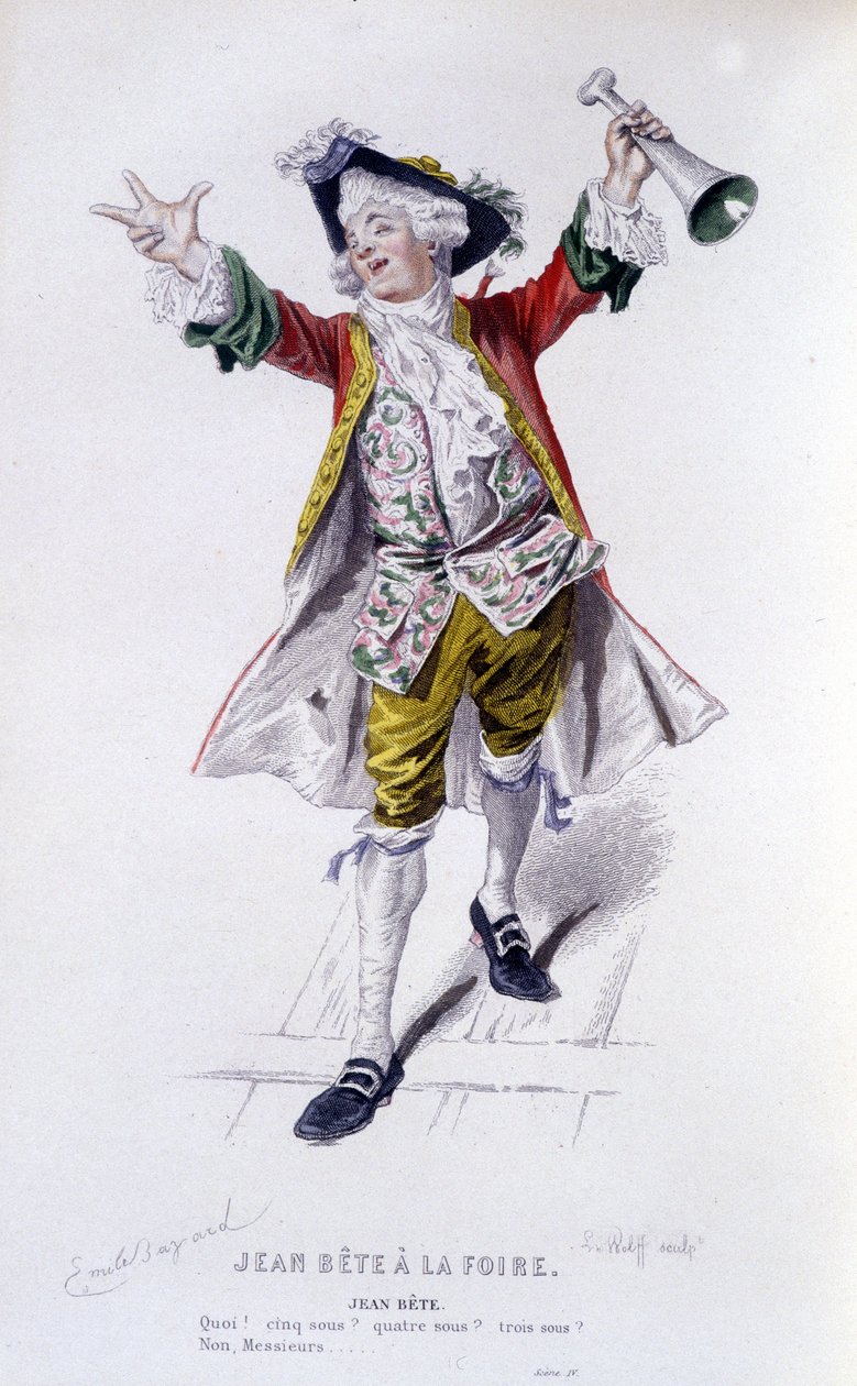 , Obra completa de Beaumarchais (1732-1799) de Edouard Fournier. Desenho de Emile Bayard. Ed. Laplace, Sanchez et Cie, Paris 1876. Este é Jean Beast em "Jean Beast at the Fair". de Emile Antoine Bayard