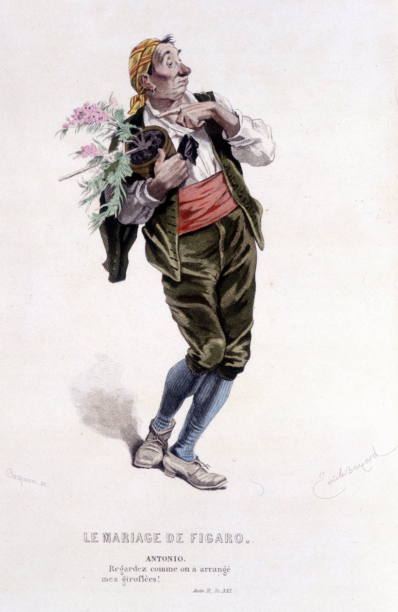 Obra completa de Beaumarchais (1732-1799) de Edouard Fournier. Desenho de Emile Bayard. Ed. Laplace, Sanchez et Cie, Paris 1876. Este é Antonio em "O Casamento de Figaro". de Emile Antoine Bayard