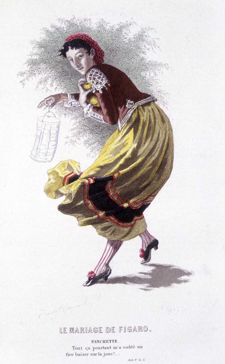Obra completa de Beaumarchais (1732-1799) de Edouard Fournier. Desenho de Emile Bayard. Ed. Laplace, Sanchez et Cie, Paris 1876. Este é Fanchette em "O Casamento de Figaro". de Emile Antoine Bayard
