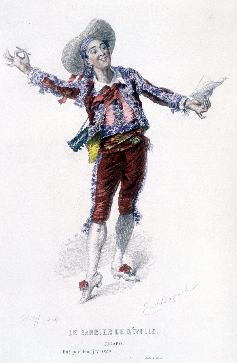Obra completa de Beaumarchais (1732-1799) de Edouard Fournier. Desenho de Emile Bayard. Ed. Laplace, Sanchez et Cie, Paris 1876. Este é Figaro em "O barbeiro de Sevilha". de Emile Antoine Bayard