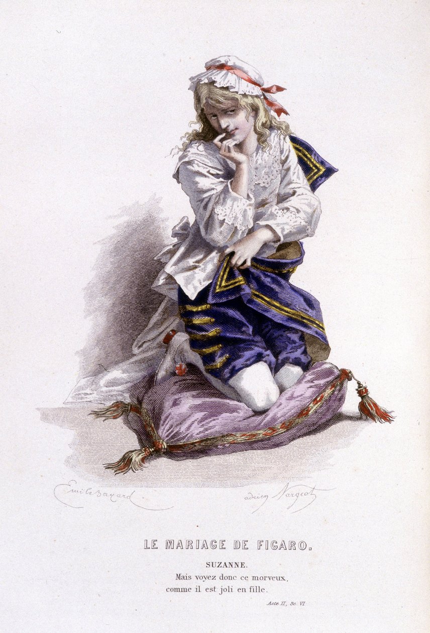 Obra completa de Beaumarchais (1732-1799) de Edouard Fournier. Desenho de Emile Bayard. Ed. Laplace, Sanchez et Cie, Paris 1876. Esta é Suzanne em "The Wedding of Figaro" (O Casamento de Figaro) de Emile Antoine Bayard