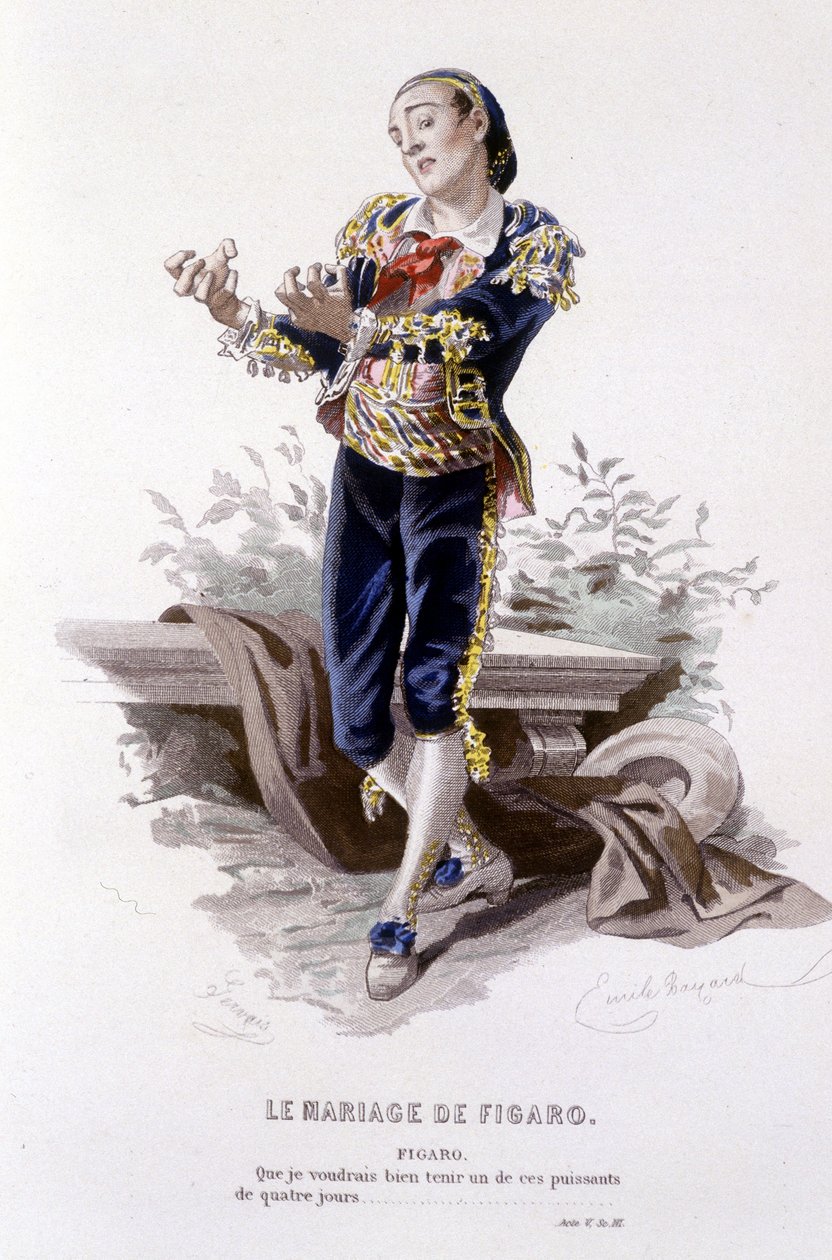 Obra completa de Beaumarchais (1732-1799) de Edouard Fournier. Desenho de Emile Bayard. Ed. Laplace, Sanchez et Cie, Paris 1876. Este é Figaro em "The Wedding of Figaro" (O Casamento de Figaro) de Emile Antoine Bayard