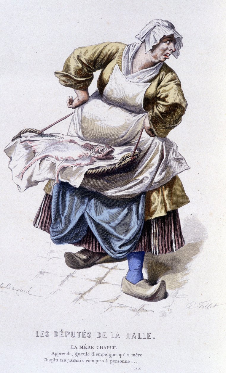 Obra completa de Beaumarchais (1732-1799) de Edouard Fournier. Desenho de Emile Bayard. Ed. Laplace, Sanchez et Cie, Paris 1876. Esta é Madre Chaplu em "The Deputies of the Hall" (Os Deputados do Salão). de Emile Antoine Bayard