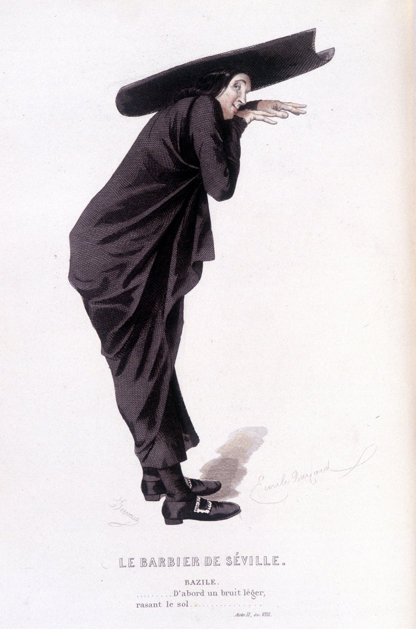 Obra completa de Beaumarchais (1732-1799) de Edouard Fournier. Desenho de Emile Bayard. Ed. Laplace, Sanchez et Cie, Paris 1876. Este é Bazile em "The Barber of Seville" (O Barbeiro de Sevilha). de Emile Antoine Bayard