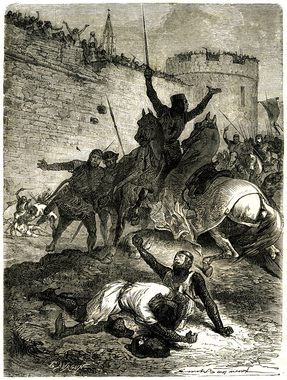 Cruzada contra os Albigeois - Cerco de Toulouse, 25 de Junho de 1218. O irmão de Simon de Montfort acaba de ser ferido por uma flecha, o próprio Simon de Montfort vai ser morto por uma bola de catapulta, diz-se, por uma das mulheres de Toulouse que é de Emile Antoine Bayard