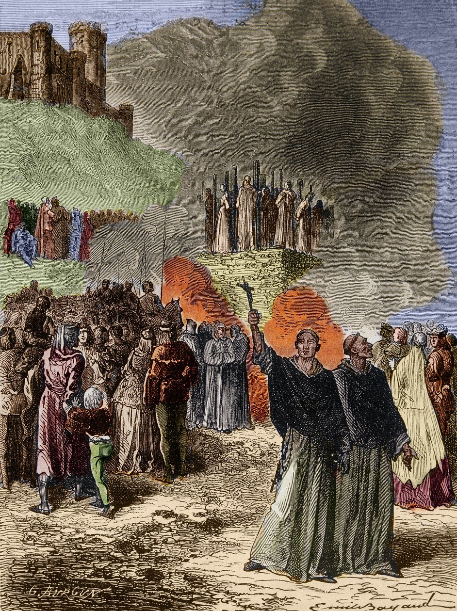 Cruzada contra os Albigeois - Os últimos defensores de Montsegur (Cathare) queimados no talho em 1244 - Gravação de Emile Bayard depois de G. Burgun de Emile Antoine Bayard