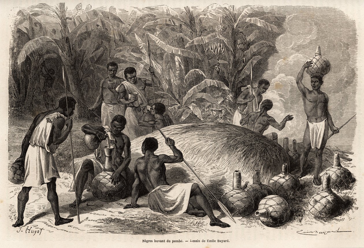 Degustação do pombo (bebida alcoólica por fermentação), no Karague (a oeste do Lago Vitória, no Zimbabué actual), desenho de Emile Bayard (1837-1891), ilustrando a viagem de descoberta do Capitão Speke em África de 1860 a 1863. Gravura em de Emile Antoine Bayard