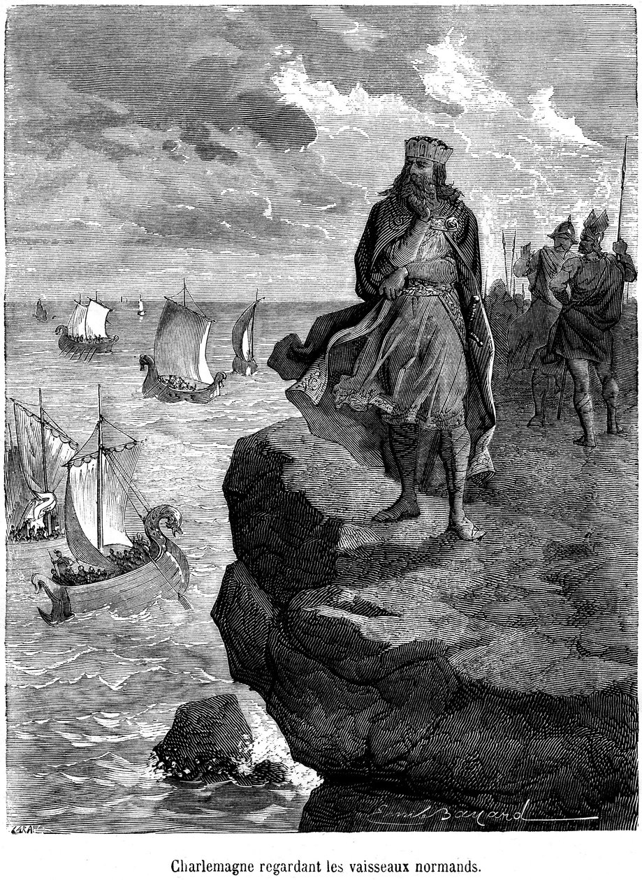 Imperador Carlos Magno observando a chegada dos navios normandos à costa francesa - navios e guerreiros vikings - drakkar, navegação escandinava, invasão nórdica - gravura de Emile Bayard ilustrando "A história da França popular de Henri Martin de Emile Antoine Bayard