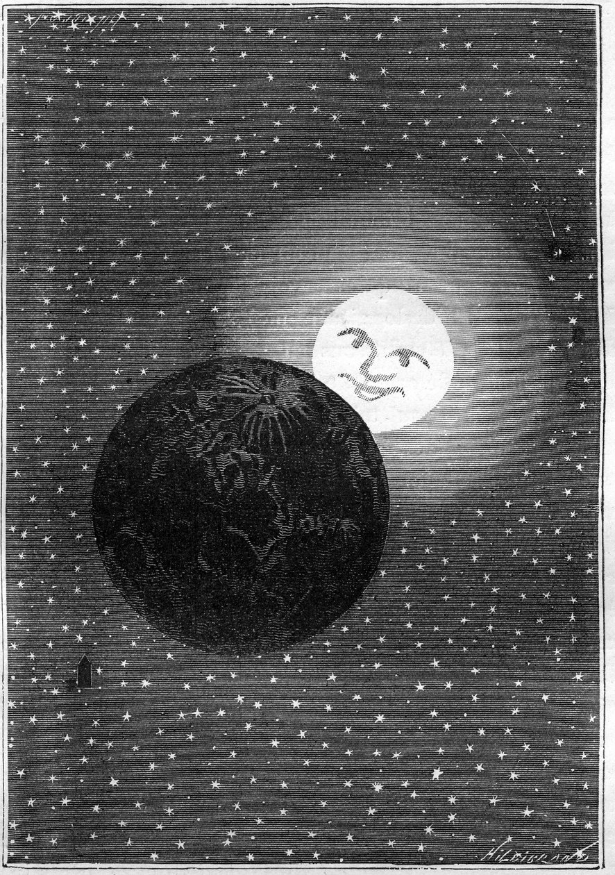 Gravura (de Emile Bayard) do livro de Júlio Verne "Around the Moon" (edição Hetzel/Voyages extraordinaire 1870): a Terra passando pela Lua de Emile Antoine Bayard