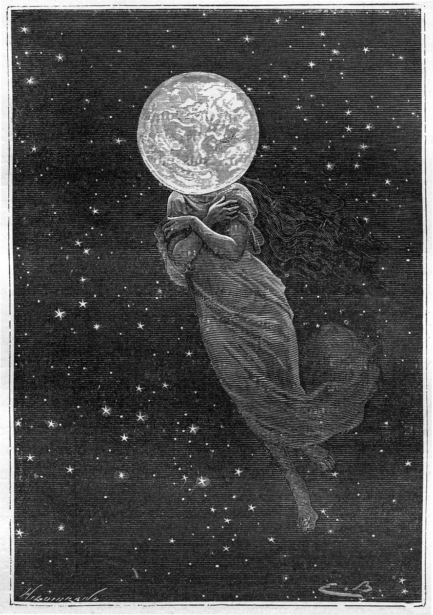 Gravura (por Emile Bayard) do livro "Around the Moon" de Júlio Verne (edição Hetzel/Voyages extraordinaire 1870): descrição da lua desenhada com o corpo de uma jovem mulher (texto de J. Verne): "... superfície recheada, rachada, um verdadeiro escumador, di de Emile Antoine Bayard