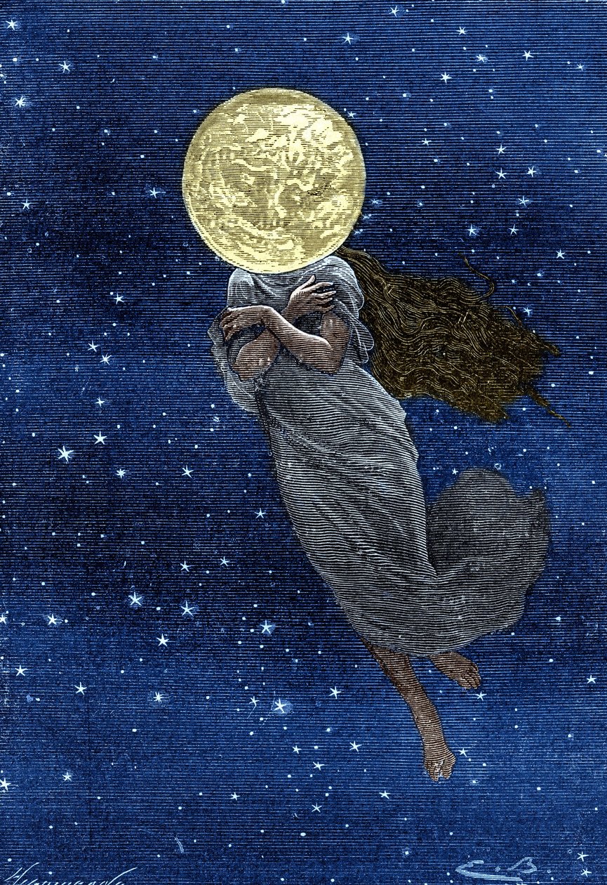 Gravura (de Emile Bayard) do livro "Around the Moon" de Jules Verne (edição Hetzel/Voyages extraordinaire 1870): Descrição da lua desenhada com o corpo de uma jovem mulher (texto de J. Verne): "... superfície recheada, rachada, um verdadeiro escumador, dig de Emile Antoine Bayard