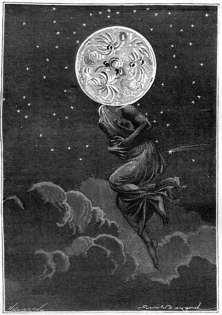 Gravura (por Emile Bayard) do livro Around the Moon (Hetzel edition/Voyages extraordinaire 1870) de Jules Verne: "A Lua personificada com o corpo de uma jovem mulher... sofrendo de uma cólica! “ de Emile Antoine Bayard