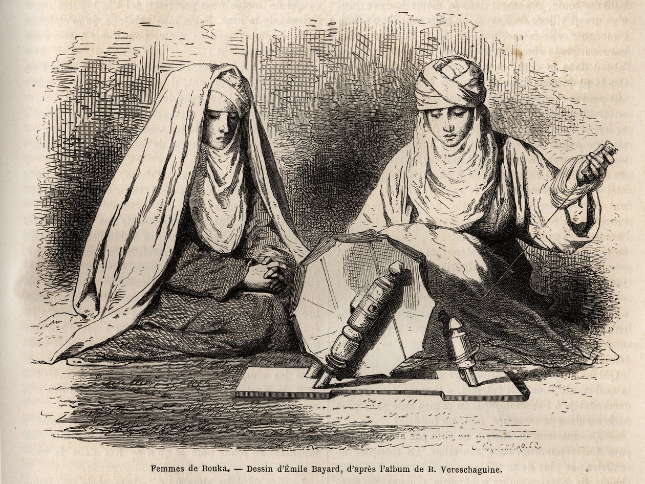 Femmes de Boukhara (Uzbequistão), trabalhando em seu trabalho de fiação, gravando depois de um desenho de Emile Bayard, para ilustrar a viagem de Basile Vereschaguine à Ásia Central em 1867-1868, publicado em "Le tour du monde" 1873, editado por Edouard Ch de Emile Antoine Bayard