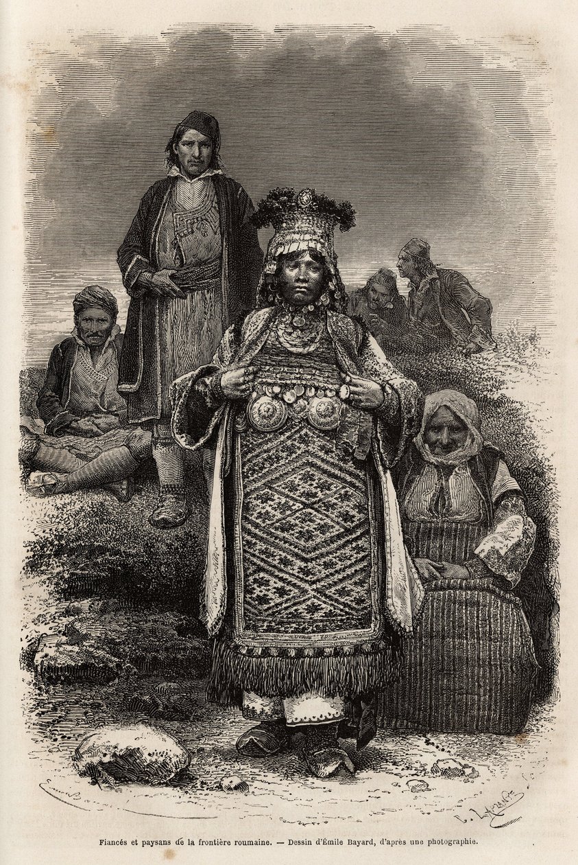 Alianças e camponeses das fronteiras romenas, gravada após o desenho de Emile Bayard, ilustrando a viagem à Bulgária, de Guillaume Lejean, em 1867, publicada em "Le tour du monde" 1873, editada por Edouard Charton, edição Hachette, Paris. Se de Emile Antoine Bayard