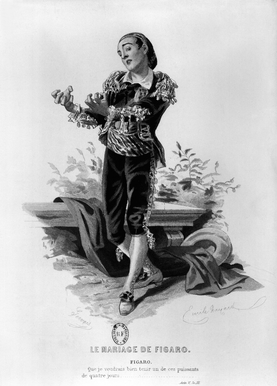 Figaro, ilustração do Ato V Cena 3 de &39;O Casamento de Fígaro&39; de Pierre Agostinho Caron de Beaumarchais (1732-99) gravado por Eugene Gervais (século XIX) de Emile Antoine Bayard
