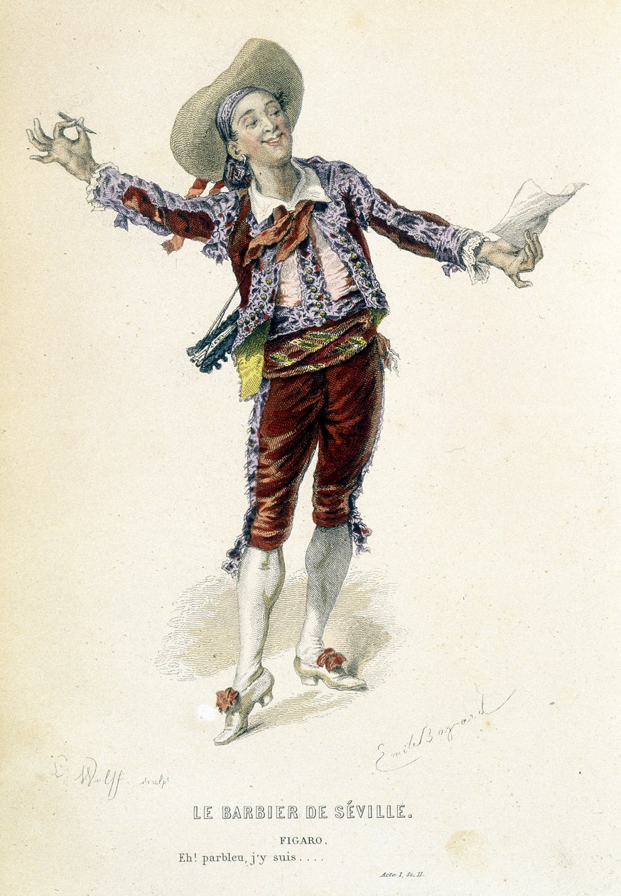 Figaro em "Le barbier de Sevilha" nas "Oeuvres complete de Beaumarchais", ed. Laplace Sanchez & cie, Paris de Emile Antoine Bayard