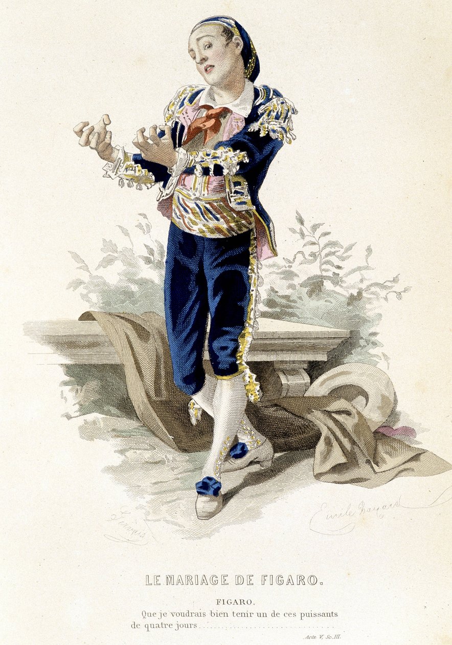 Figaro em "Le mariage de Figaro" - em "Oeuvres complètes de Beaumarchais", desenhos de Emile Bayard, ed. Laplace Sanchez & cie, Paris de Emile Antoine Bayard